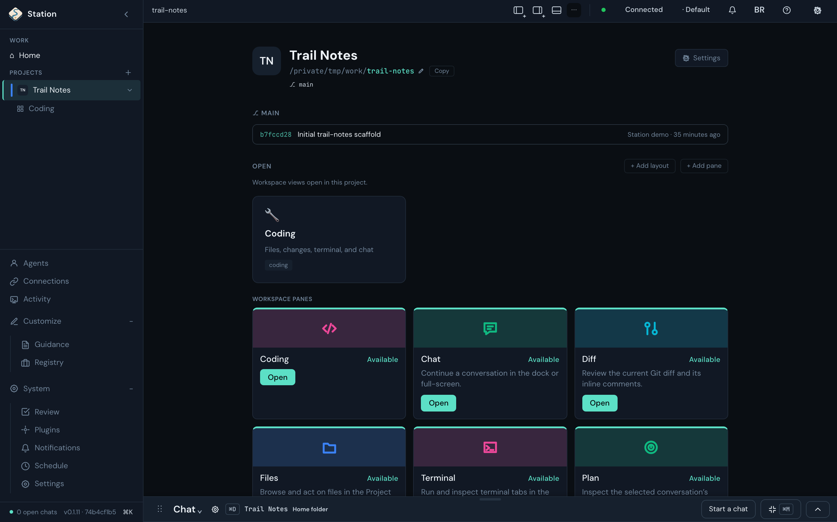 Station project page for a small repository called Trail Notes: its path and main branch, the latest commit, the open Coding layout, and workspace panes for Coding, Chat, Diff, Files, Terminal, and Plan.